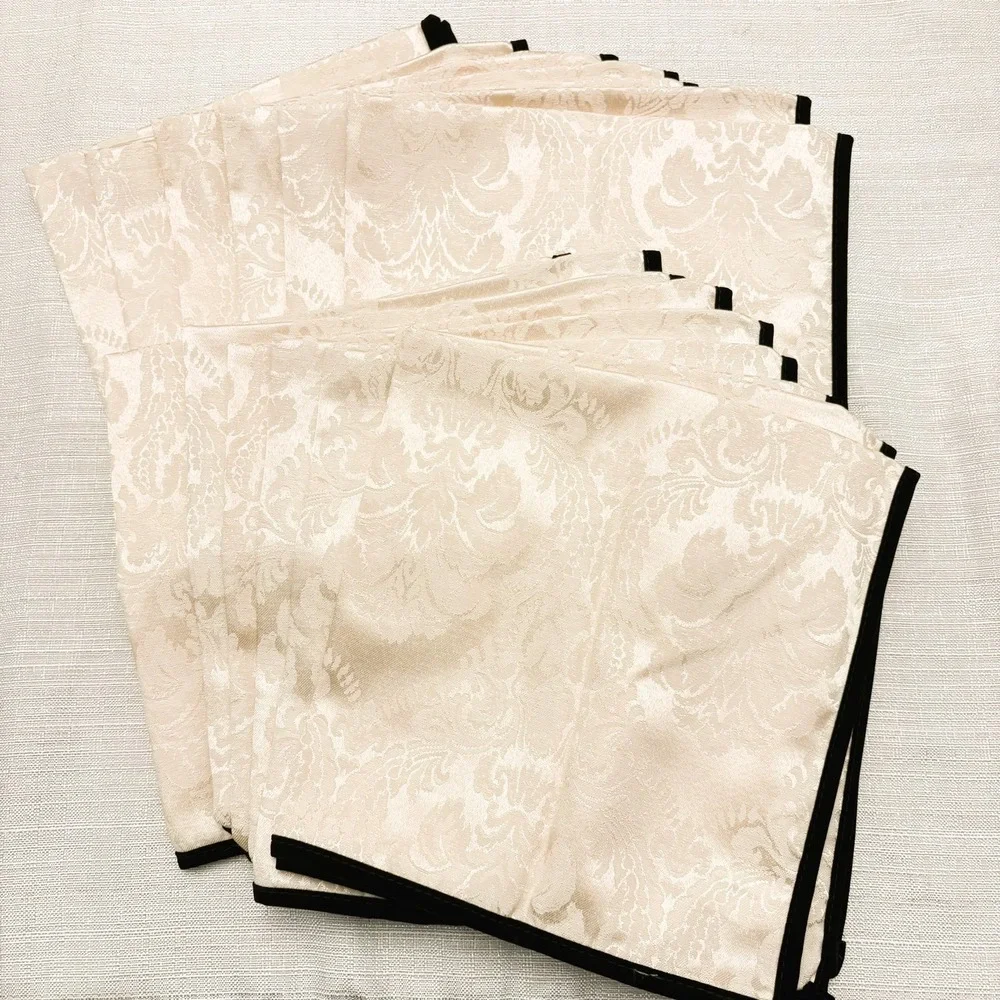 Vintage W-C Designs 1992 Damask Dinner Napkins Set of 12 Ivory Velvet Trim